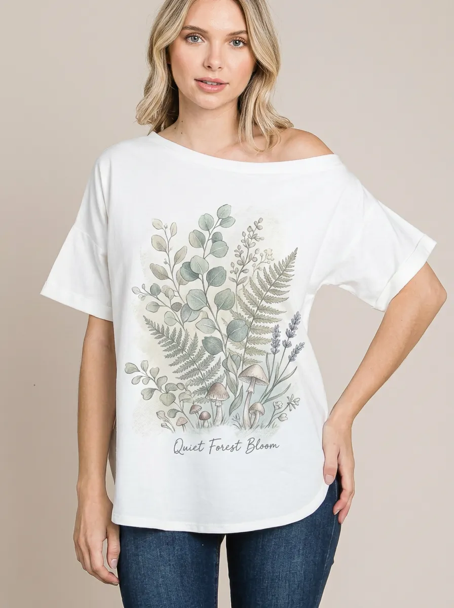 Women's Nature Lover Quiet Forest Mushroom Fern Printed T-shirt