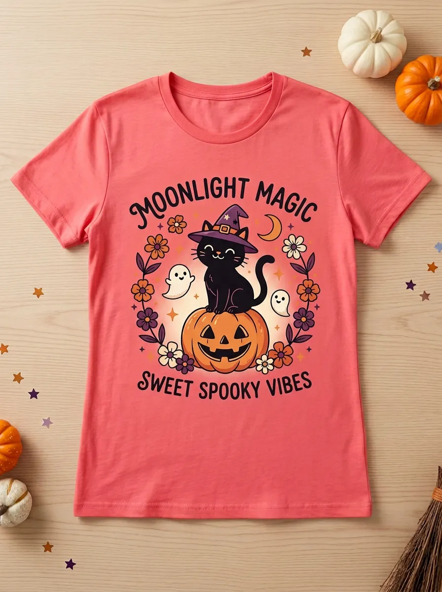 Moonlit Ghost Pumpkin Halloween Graphic T-Shirt