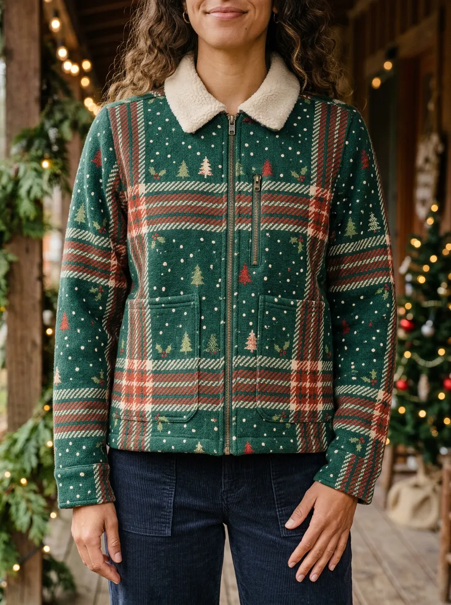 Christmas Holiday Plaid Tree Pattern Print Fleece Jacket