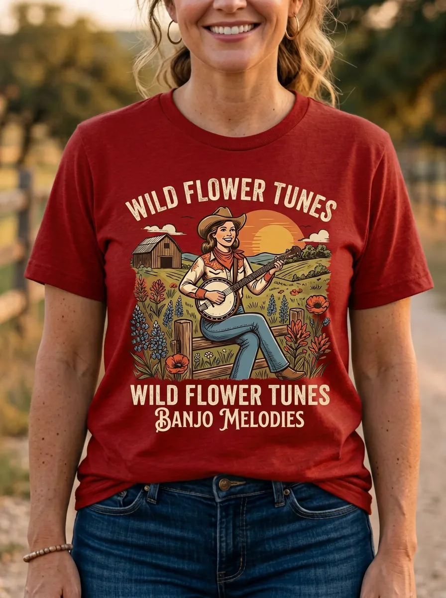 Honky-Tonk-Inspired Banjo Cowgirl Country Music Crewneck T-Shirt