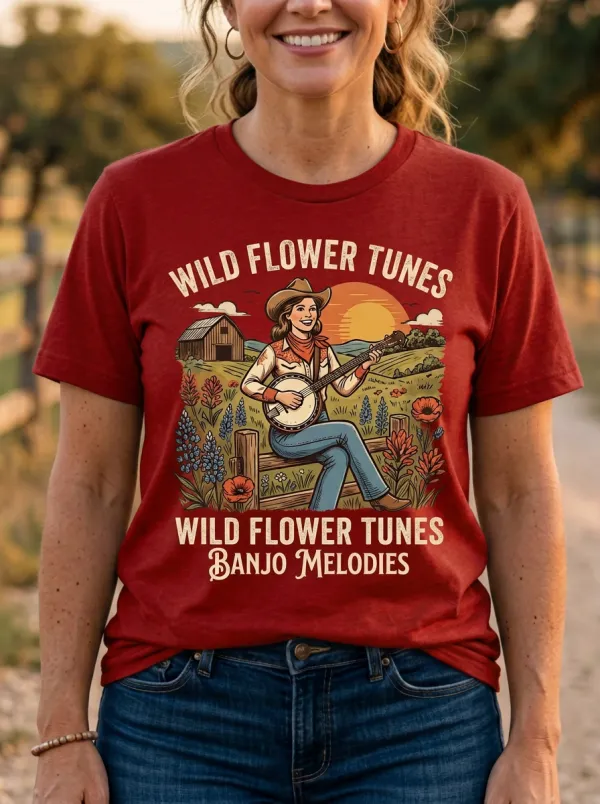 Honky-Tonk-Inspired Banjo Cowgirl Country Music Crewneck T-Shirt