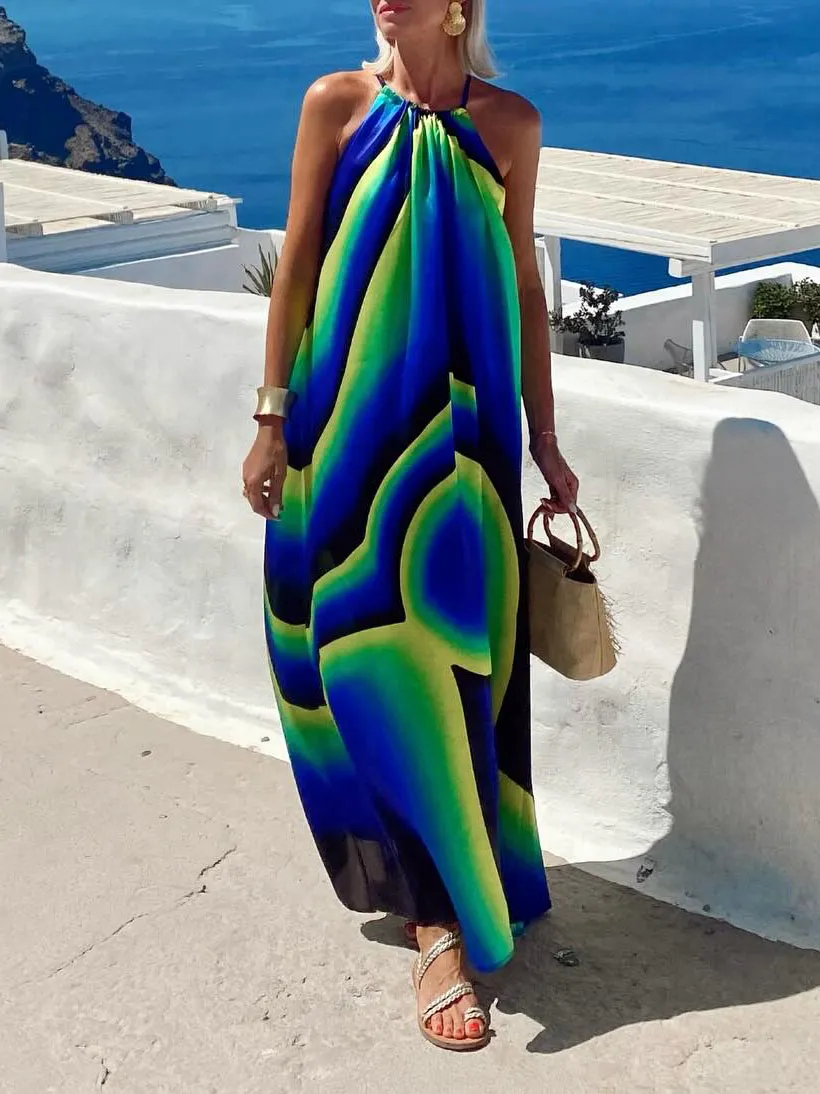 Abstract Swirl Print Halterneck Maxi Dress