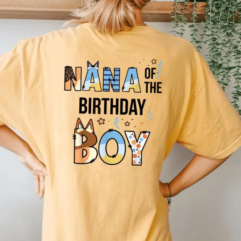 Nana Of The Birthday Boy Party Blue Dog Lover Matching Women's Oversized Comfort T-Shirt Back Print