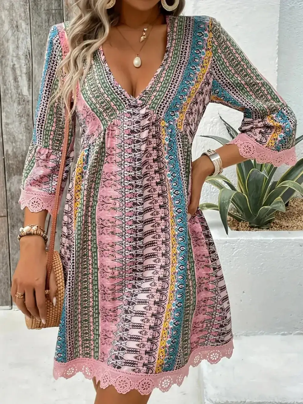 Lace Detail Printed Dress