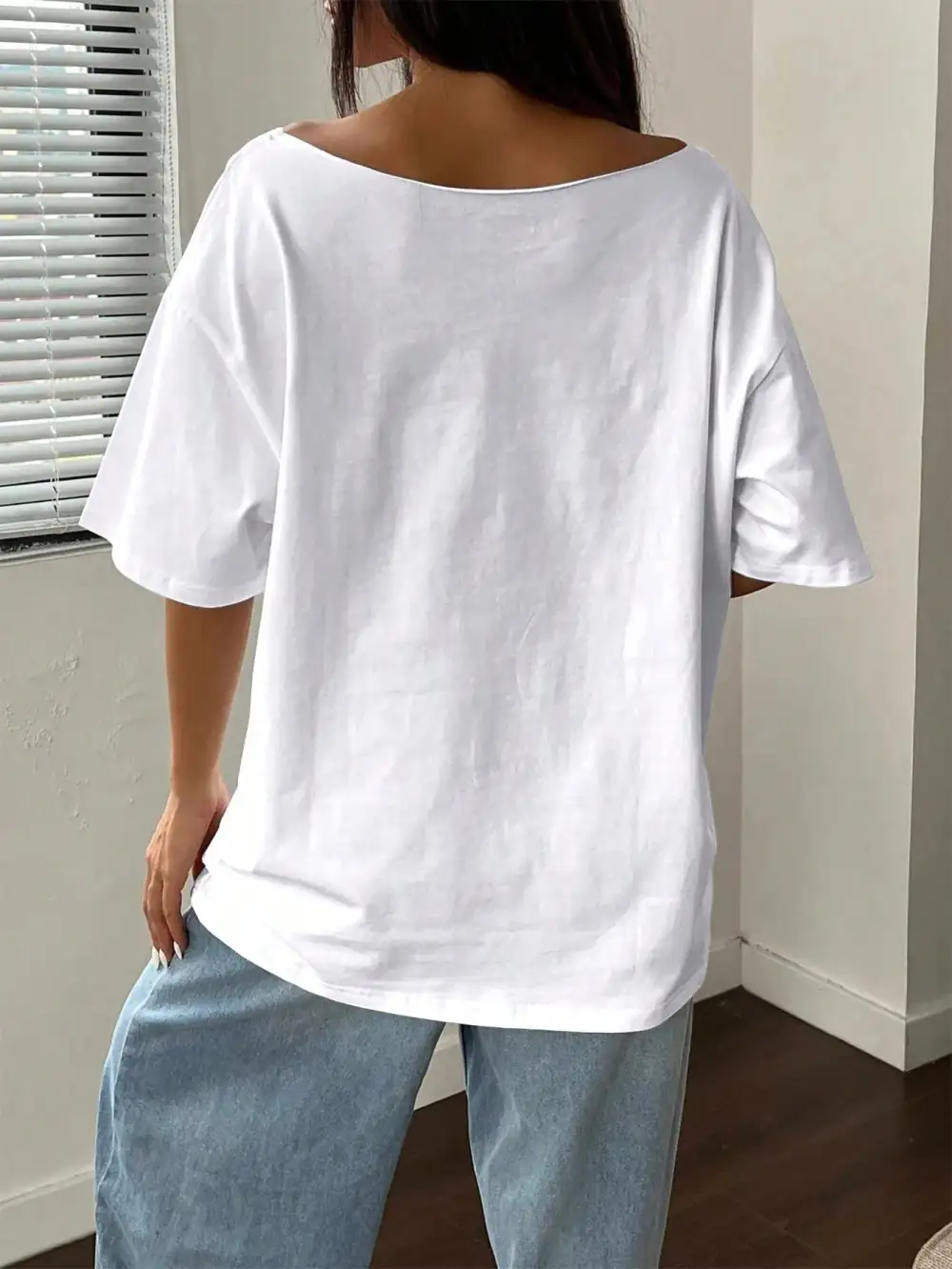 Women White Asymmetrical Neck Oversized Relaxed Fit T-Shirt