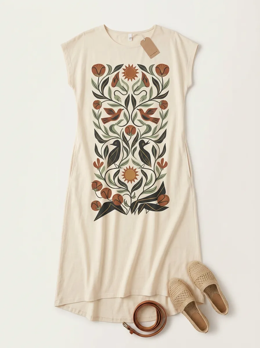 Boho Nature Lover Bird Floral Sun T-Shirt Dress