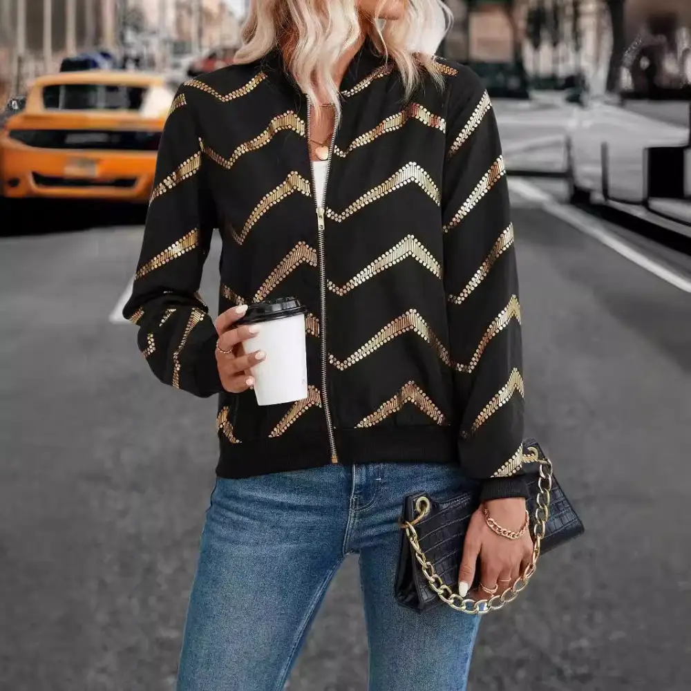 Versatile Zip Front Ribbed Trim Bomber Jacket