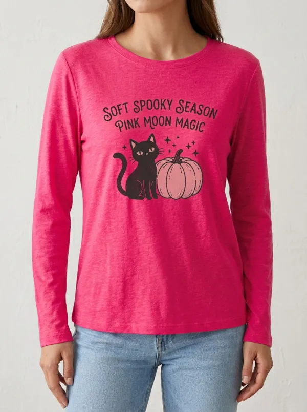 Witchy Pumpkin Cat Halloween Cotton Linen Long Sleeve Top