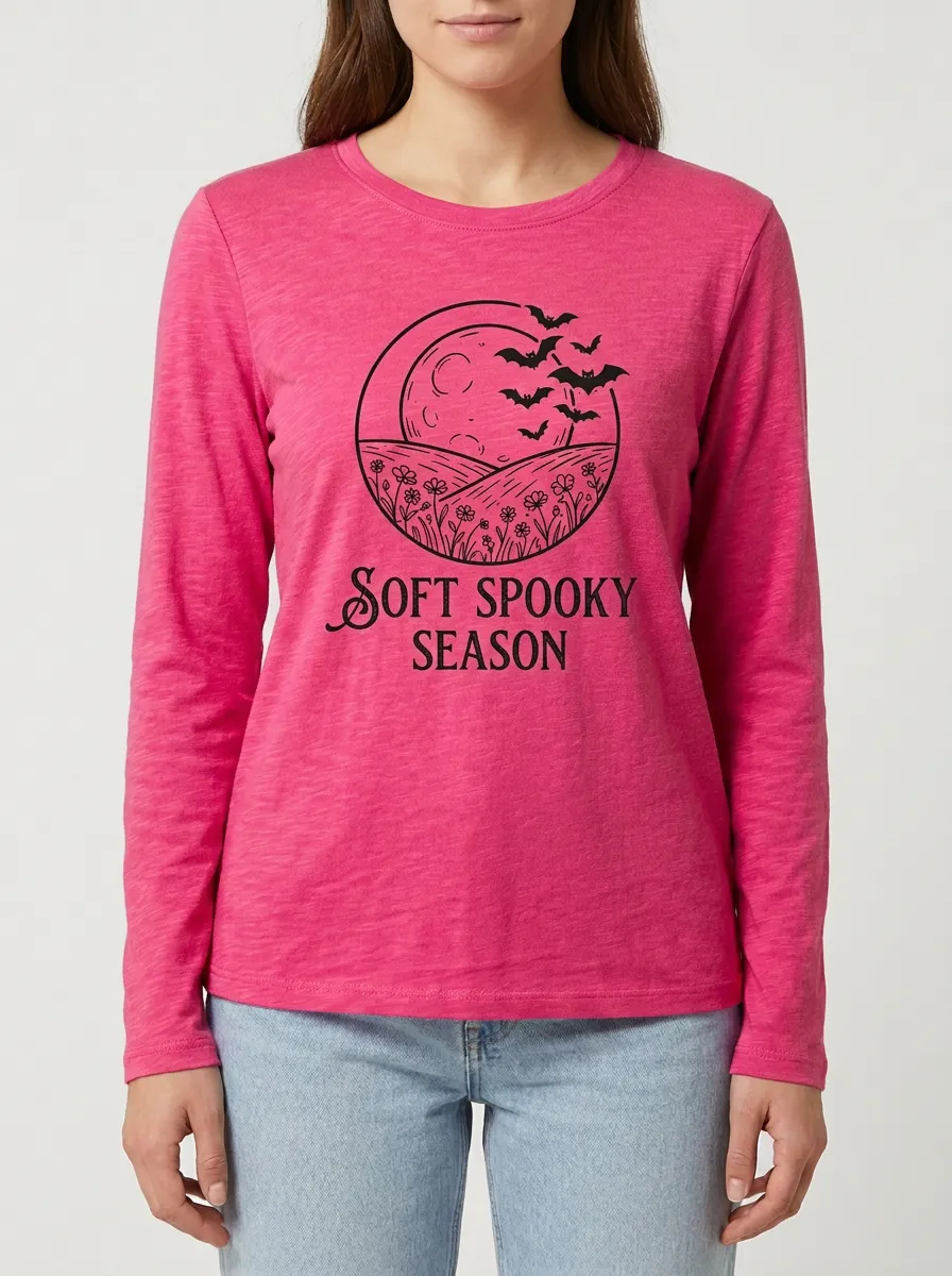 Moon Bat Floral Halloween Cotton Linen Long Sleeve Top