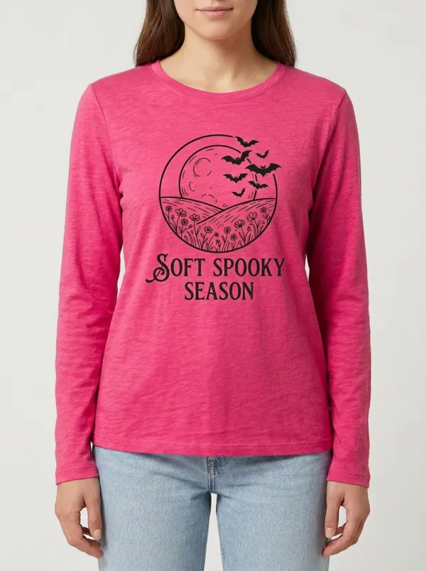 Moon Bat Floral Halloween Cotton Linen Long Sleeve Top