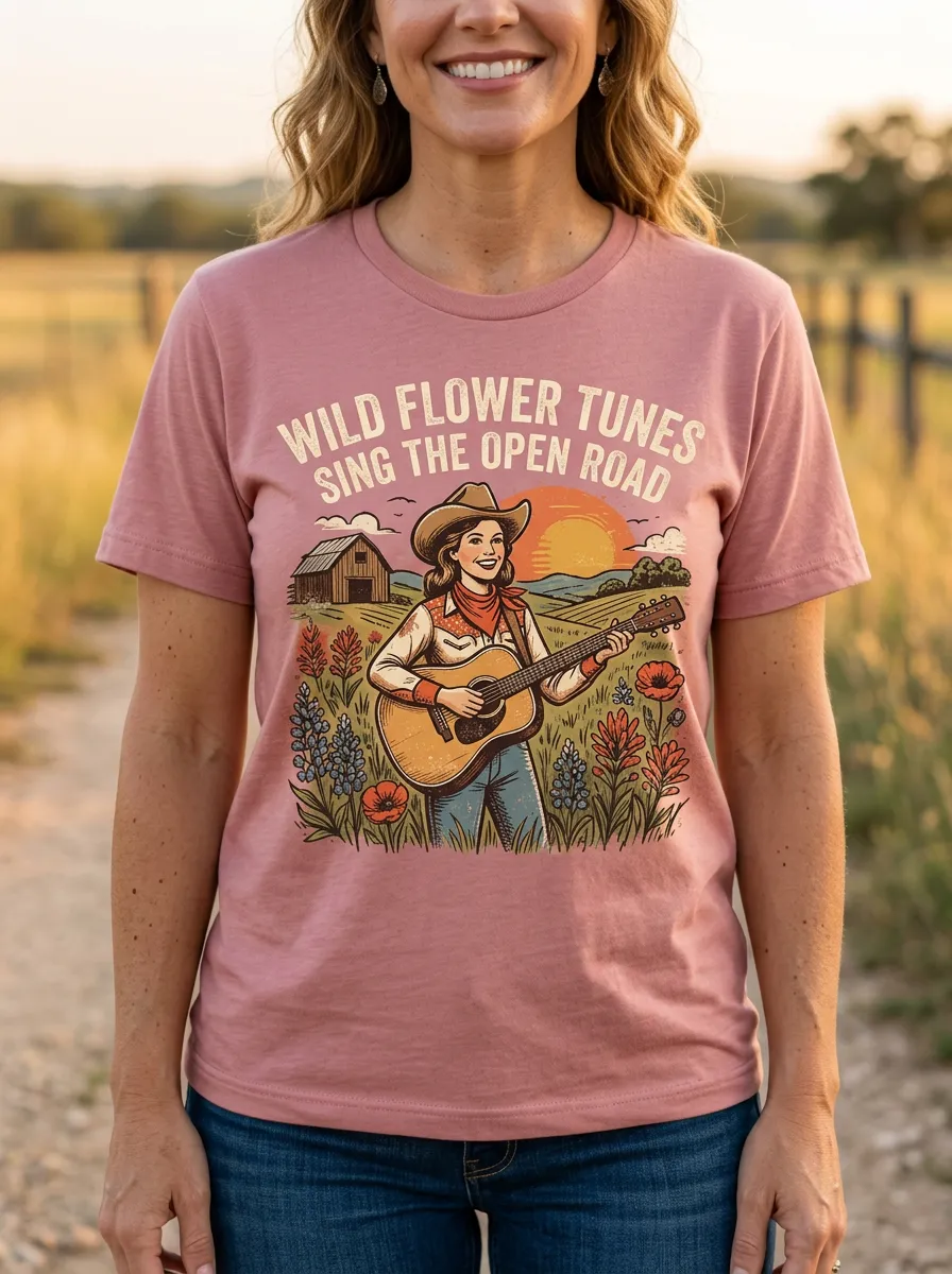 Rustic Guitar Country Music Crewneck T-Shirt