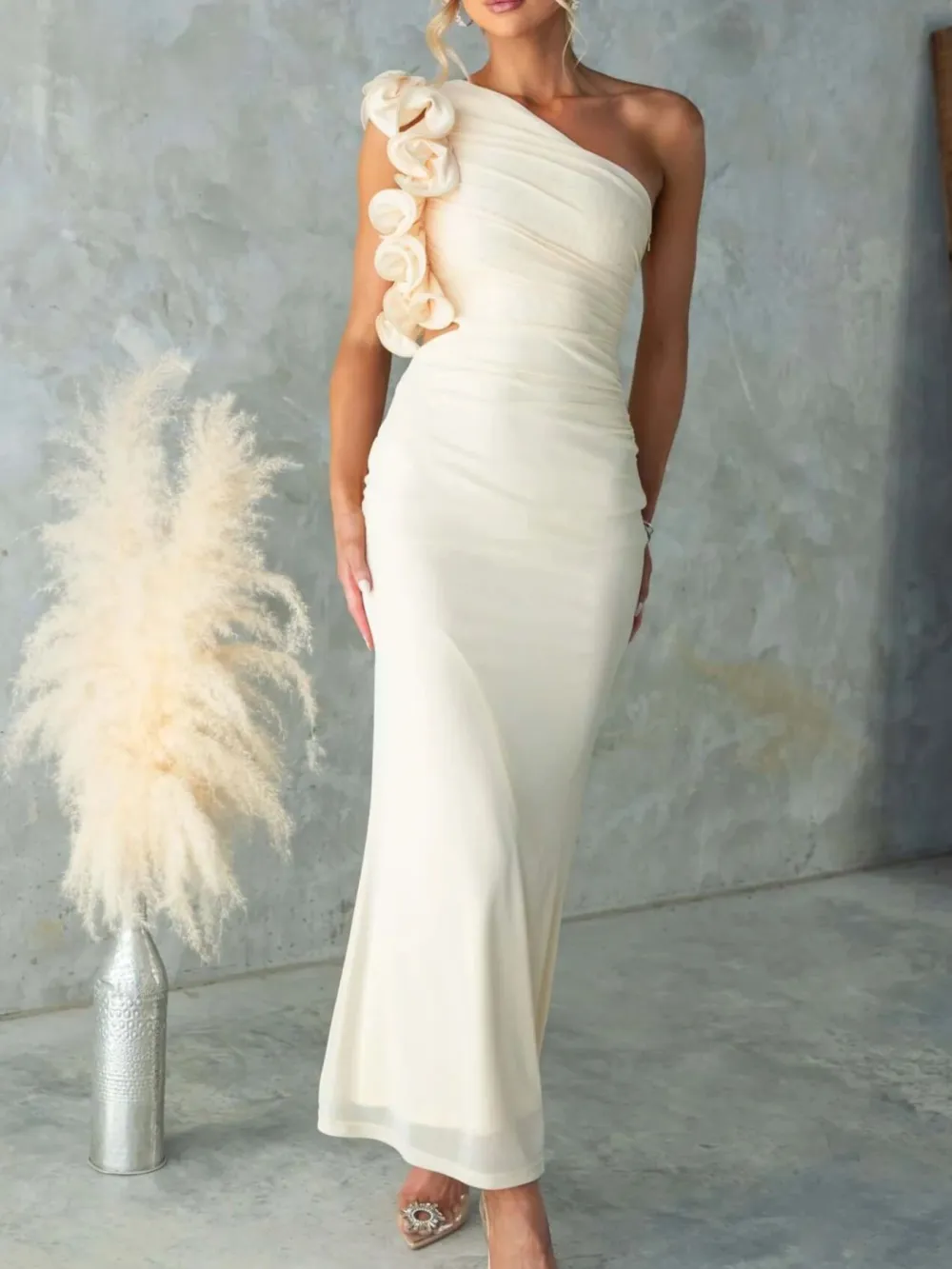 Ruched One-Shoulder Sleeveless Floral Maxi Dress