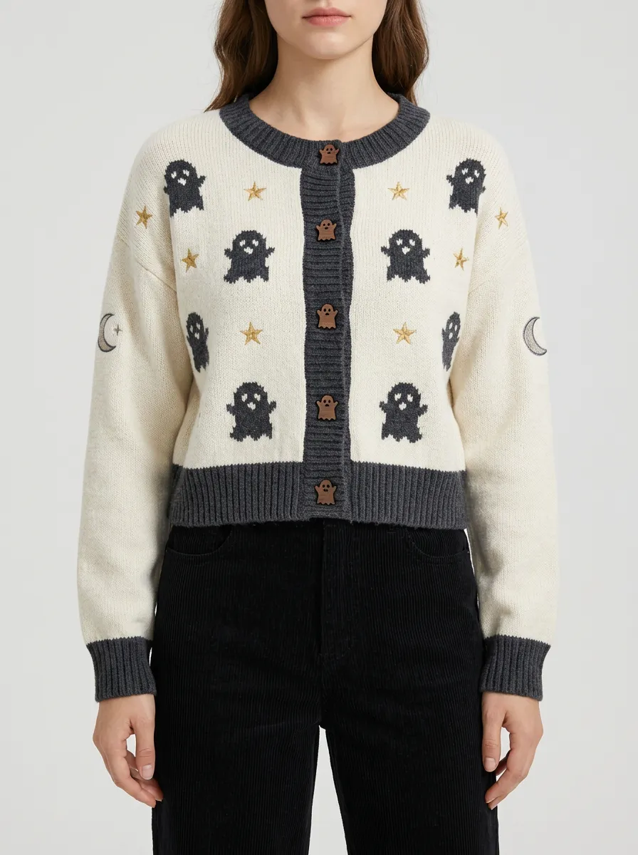 Women's Halloween Ghost Star Moon Pattern Knitted Cardigan