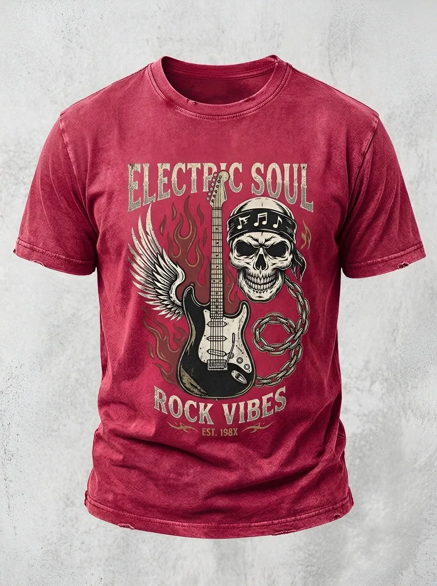 Men's Rock Music Lover Skull Guitar Flame Printed T-shirt