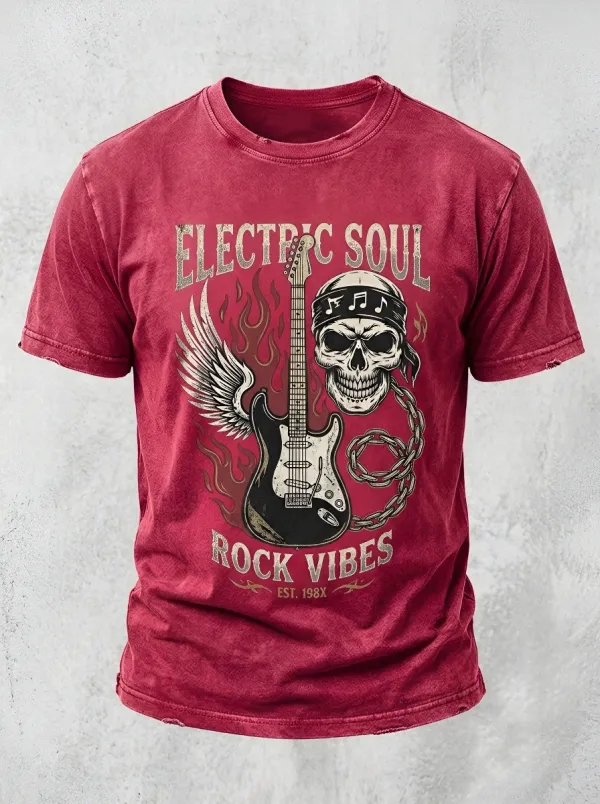 Men's Rock Music Lover Skull Guitar Flame Printed T-shirt