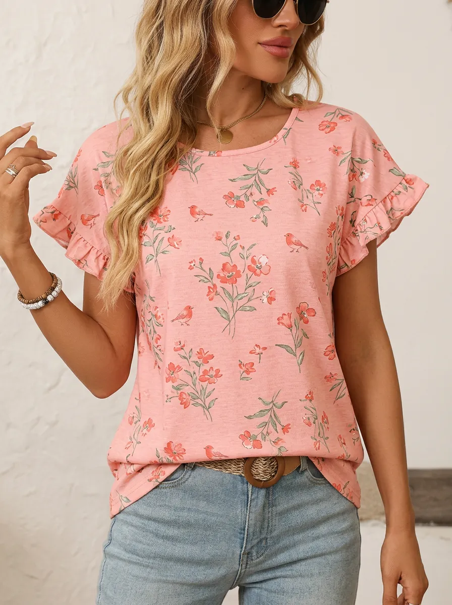 Floral Nature Ruffle Women's Loose Printed Blouse