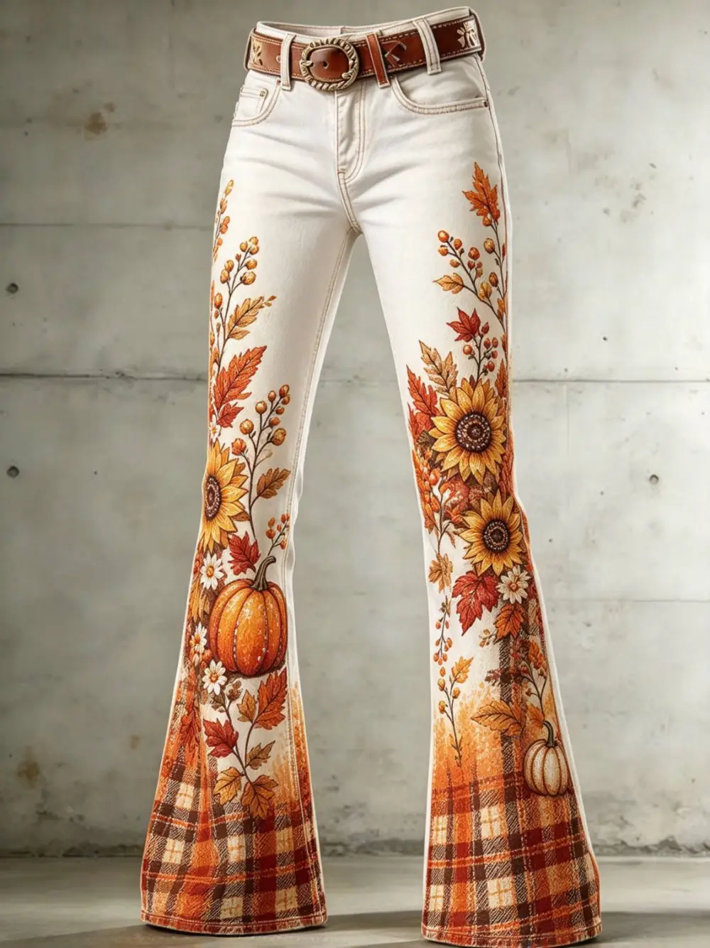 Women Sunflower Pumpkin Fall Floral Print Flare Jeans