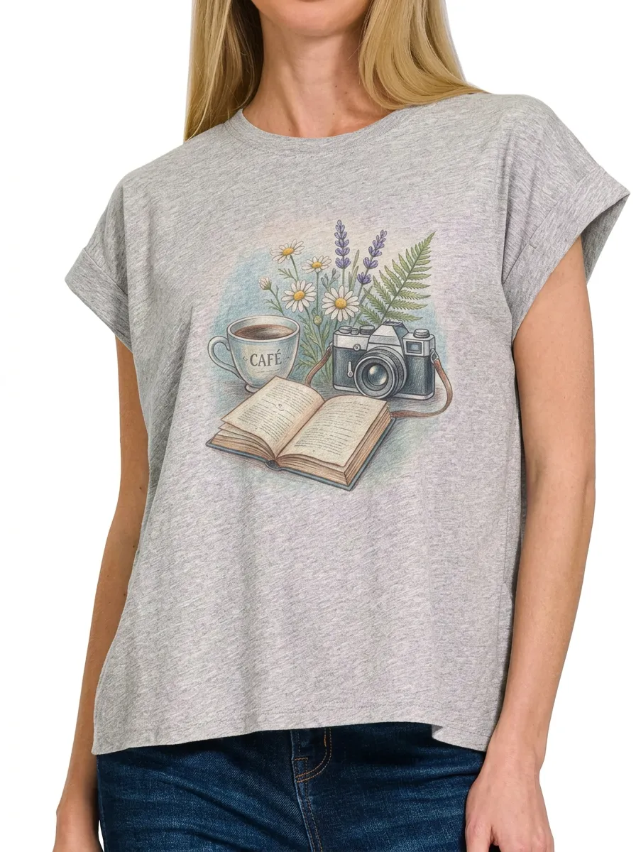 Women's Book Coffee Camera Flower Printed T-shirt