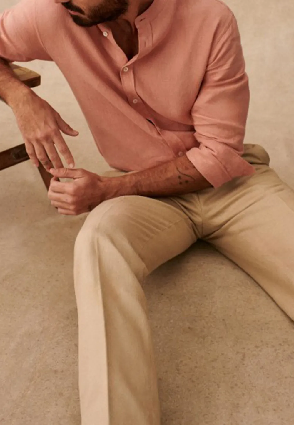 Cream Mandarin Collar Linen Blend Long Sleeve Shirt