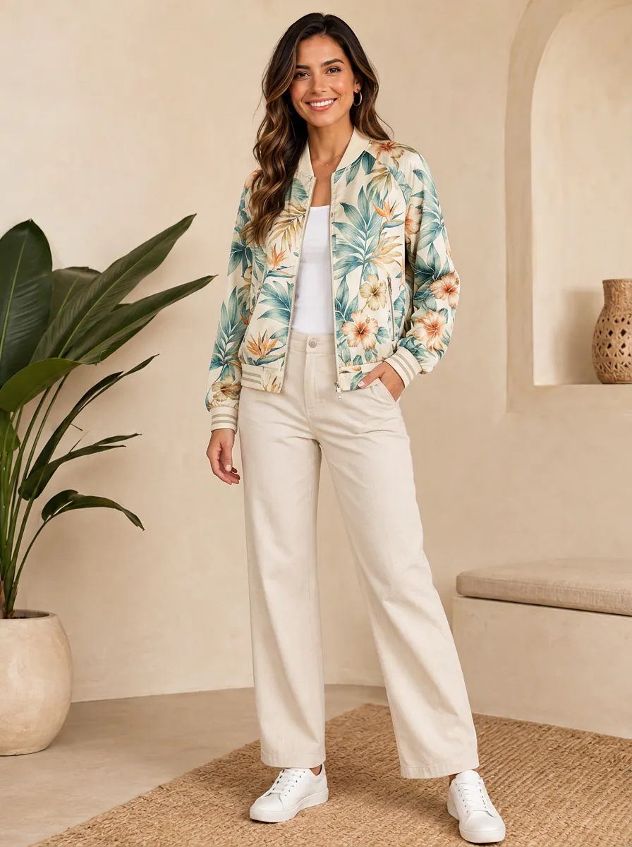 Women's Tropical Floral Botanical Ribbed Trim Bomber Jacket