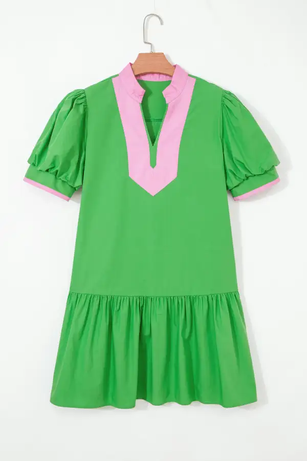 Ruffle Trim Puff Sleeve Mini Dress