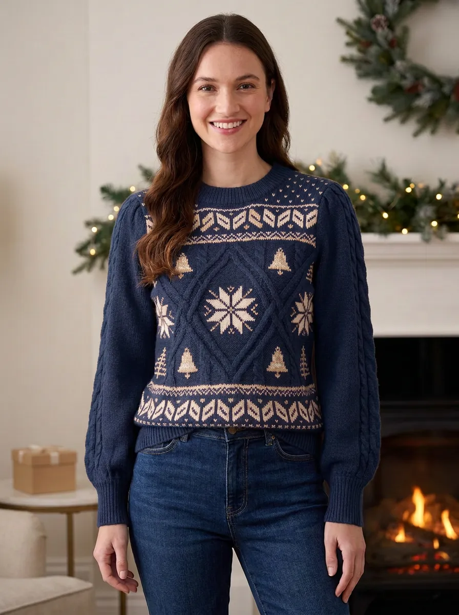 Christmas Holiday Snowflake Tree Pattern Knitted Sweater