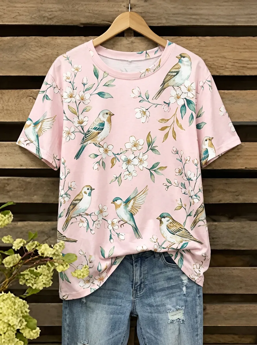 Garden-Inspired Bird Floral Women's Loose Printed T-Shirt