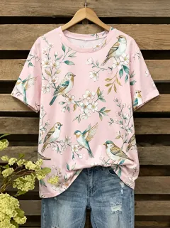 Garden-Inspired Bird Floral Women's Loose Printed T-Shirt