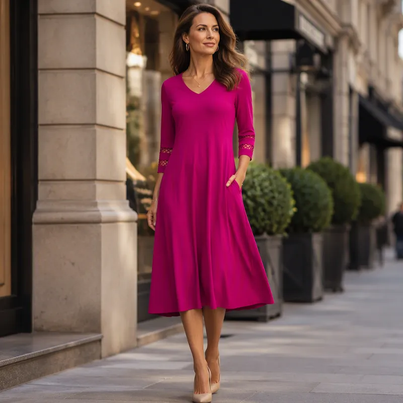 ☀️👗Top Pick - V-Neck Midi Dress – Relaxed Fit & Soft Drape for Any Occasion