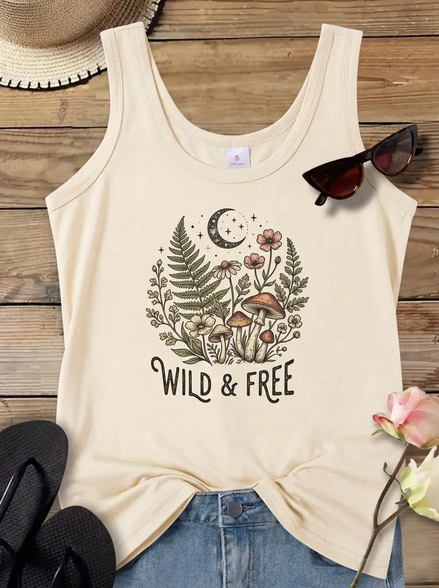 Boho Nature Lover Mushroom Moon Floral Tank Top