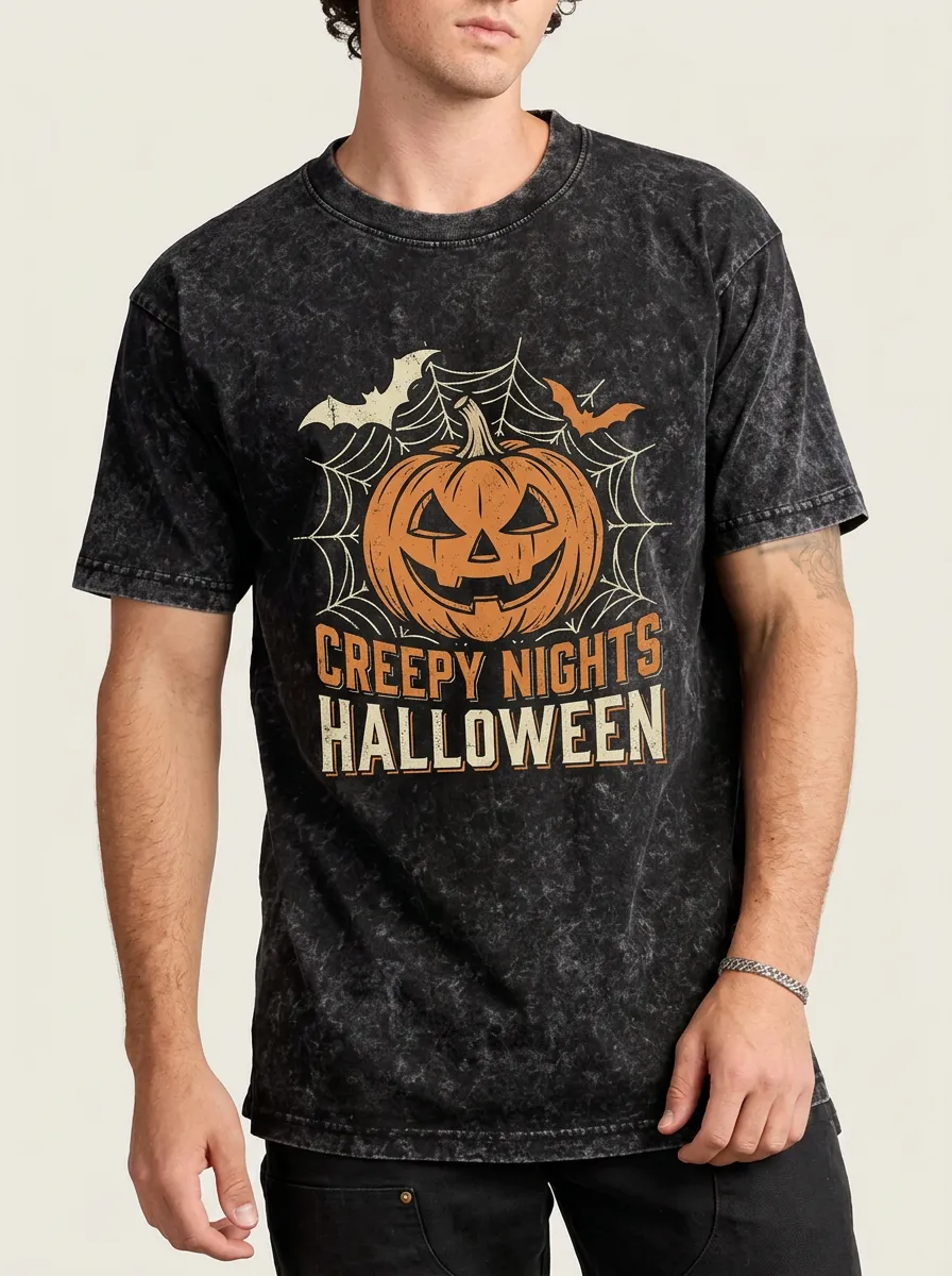 Men's Halloween Creepy Nights Pumpkin Bat Web Printed T-shirt
