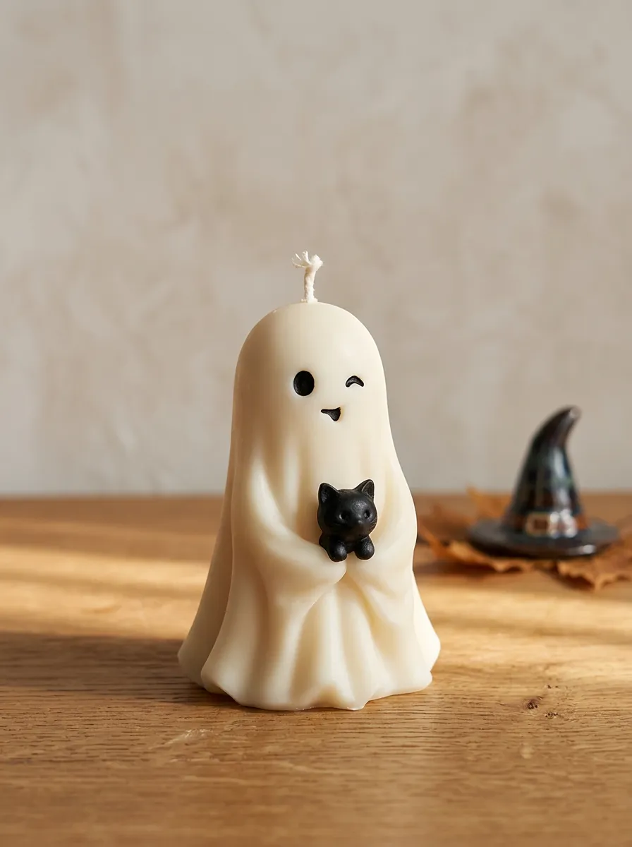 Halloween Ghost Holding Black Cat Shaped Candle