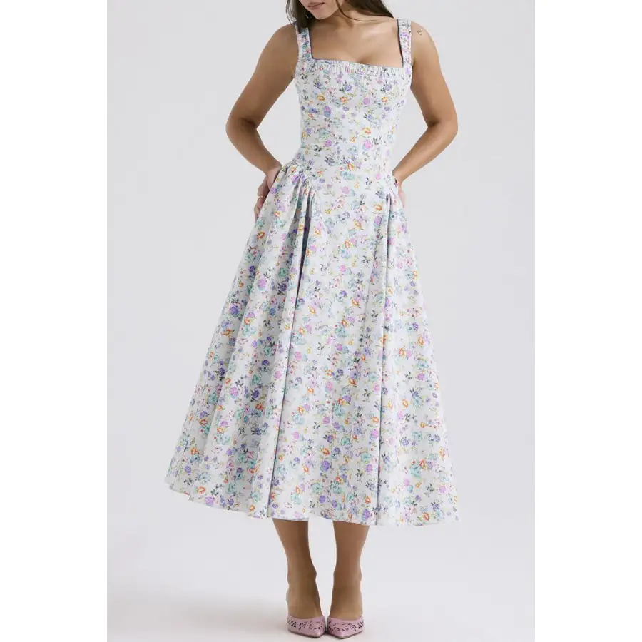 Square Neck Wide Strap Midi Dress