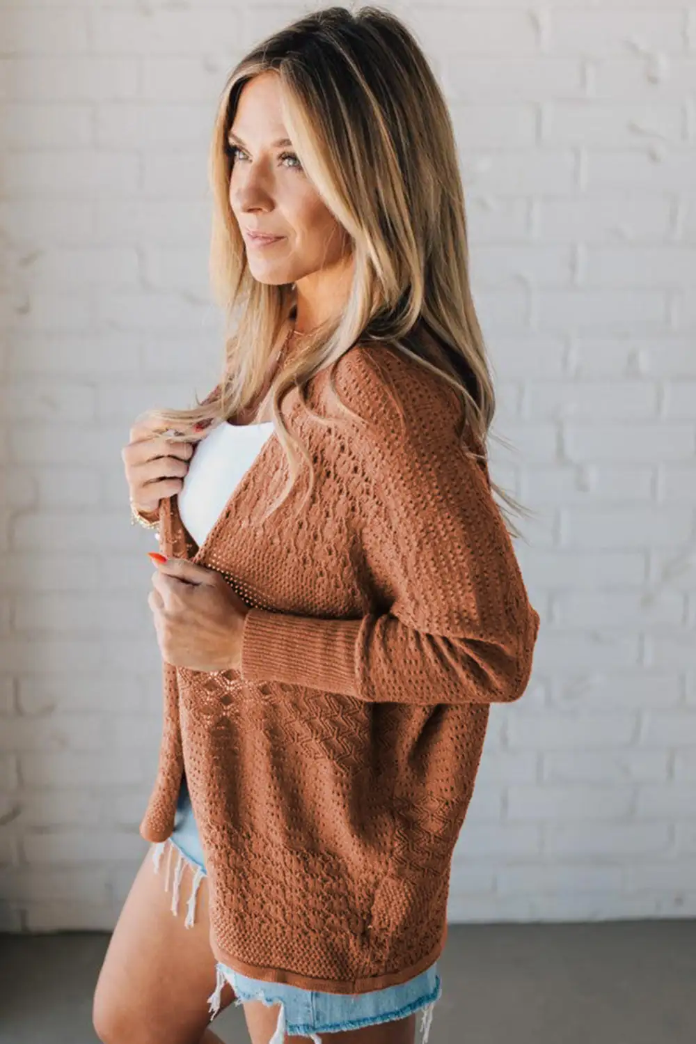 Mix Pattern Openwork Knit Open Front Everyday Layer Cardigan