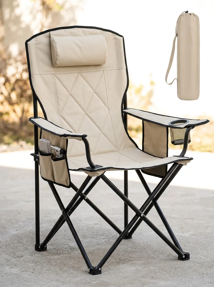 Foldable Camping Chair with Quilted Headrest