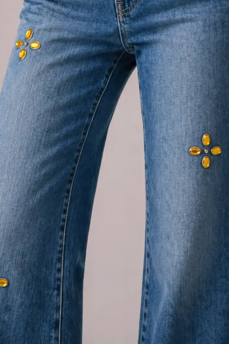 Low Rise Rhinestone Detail Studded Detail Wide Leg Western Style Denim Jeans