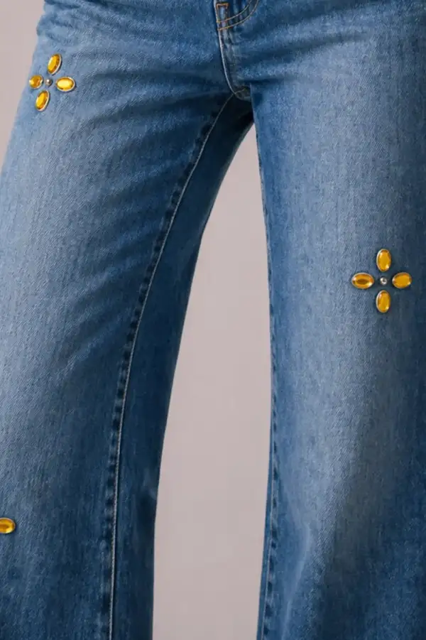 Low Rise Rhinestone Detail Studded Detail Wide Leg Western Style Denim Jeans