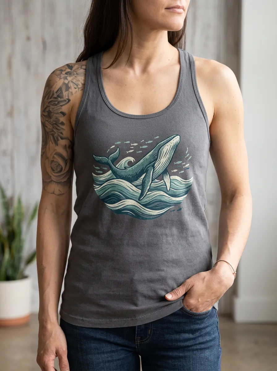 Women's Ocean Lover Humpback Whale Waves Printed Tank Top