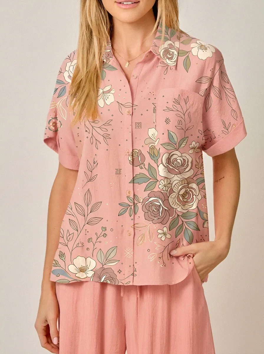 Women's Floral Lover Peach Rose Printed Button-up Shirt