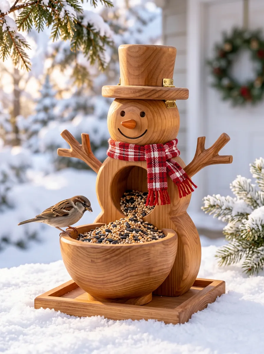 Wooden Snowman Christmas Bird Feeder