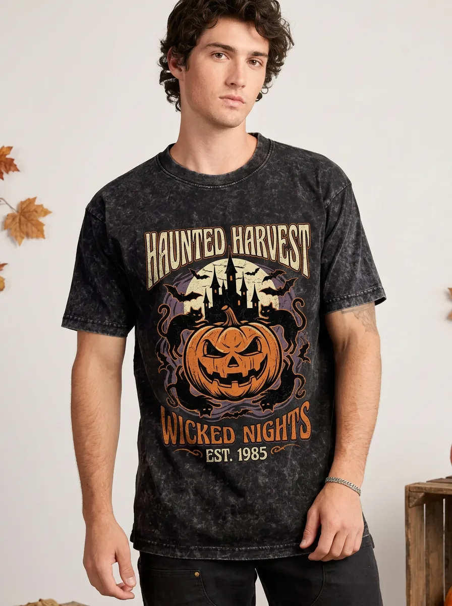 Men's Halloween Haunted Harvest Pumpkin Cat Printed T-shirt