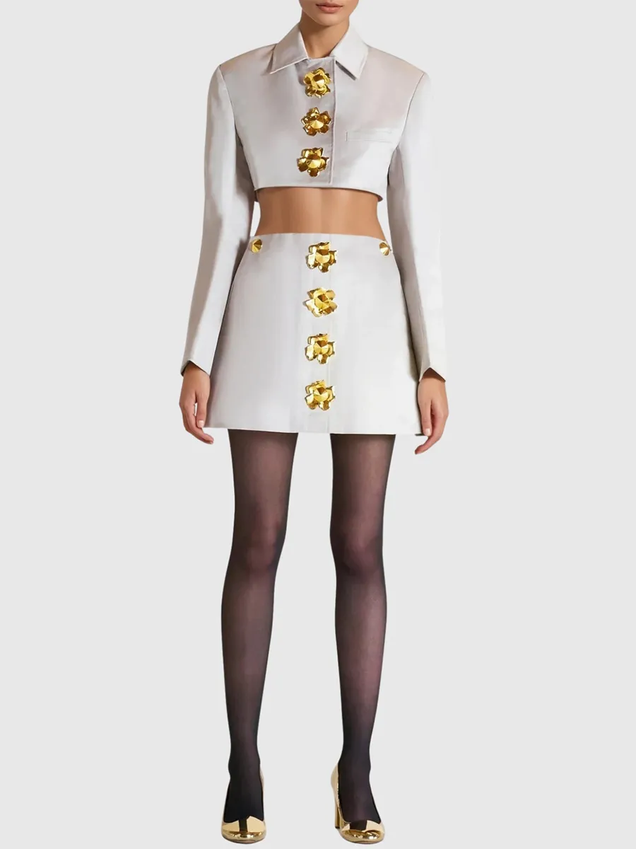 Inez Metal-Buttoned Shirt Skirt Set