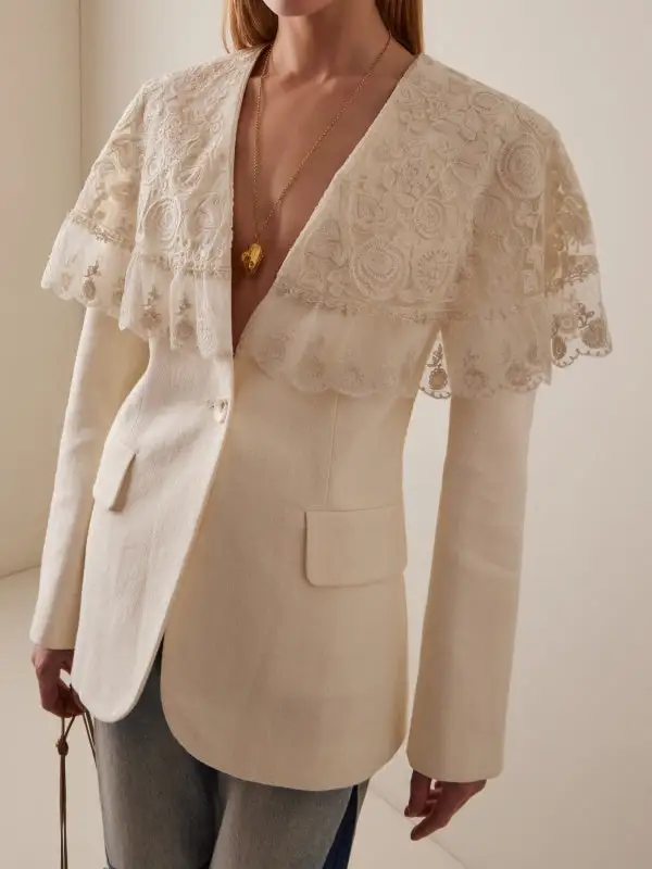 Long Sleeve Button Front Embroidered Pocket Split Deep Blazer