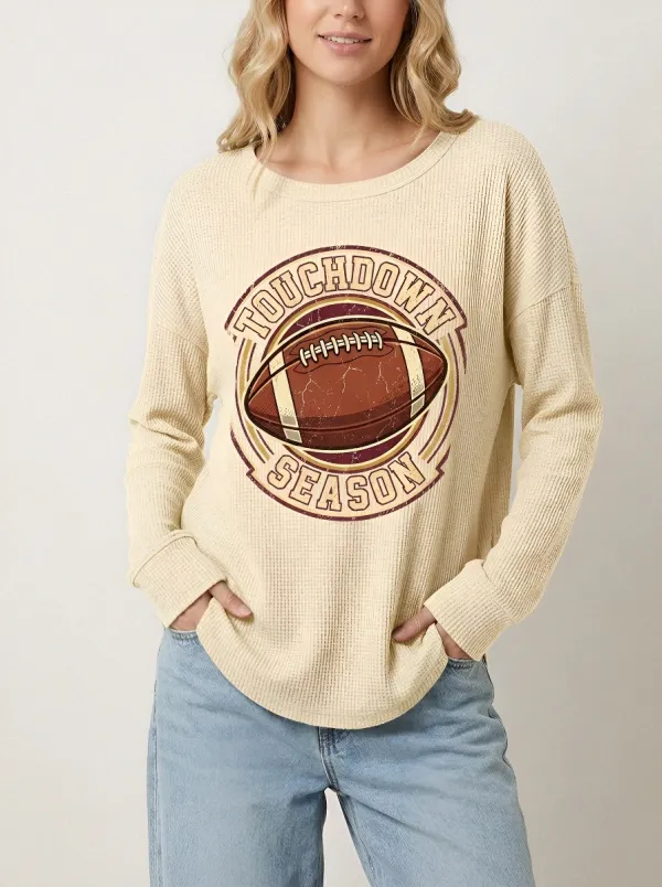 Women's Football Fan Touchdown Season Graphic Printed Waffle T-Shirt