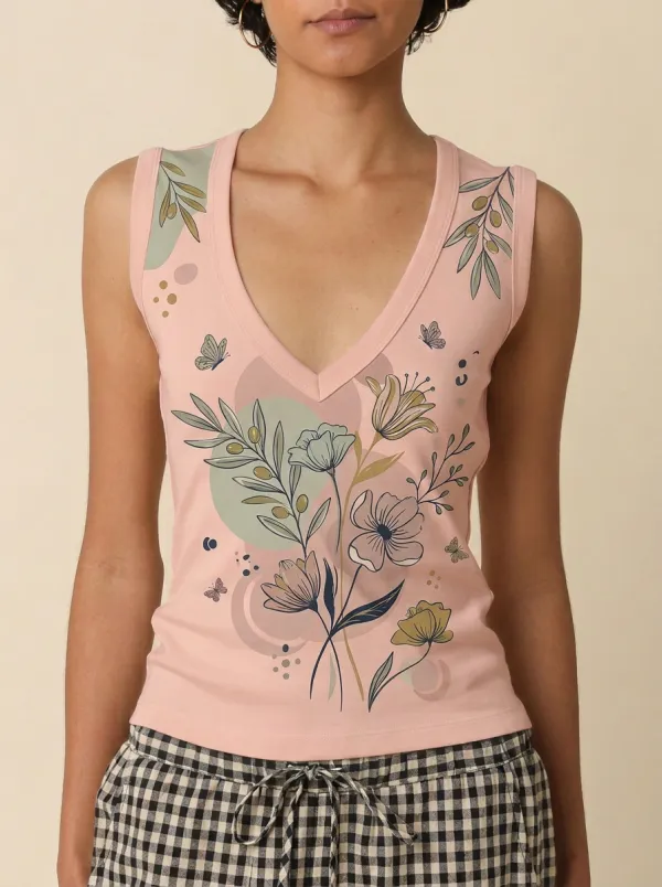Women's Botanical Floral Butterfly Printed V-Neck Tank Top