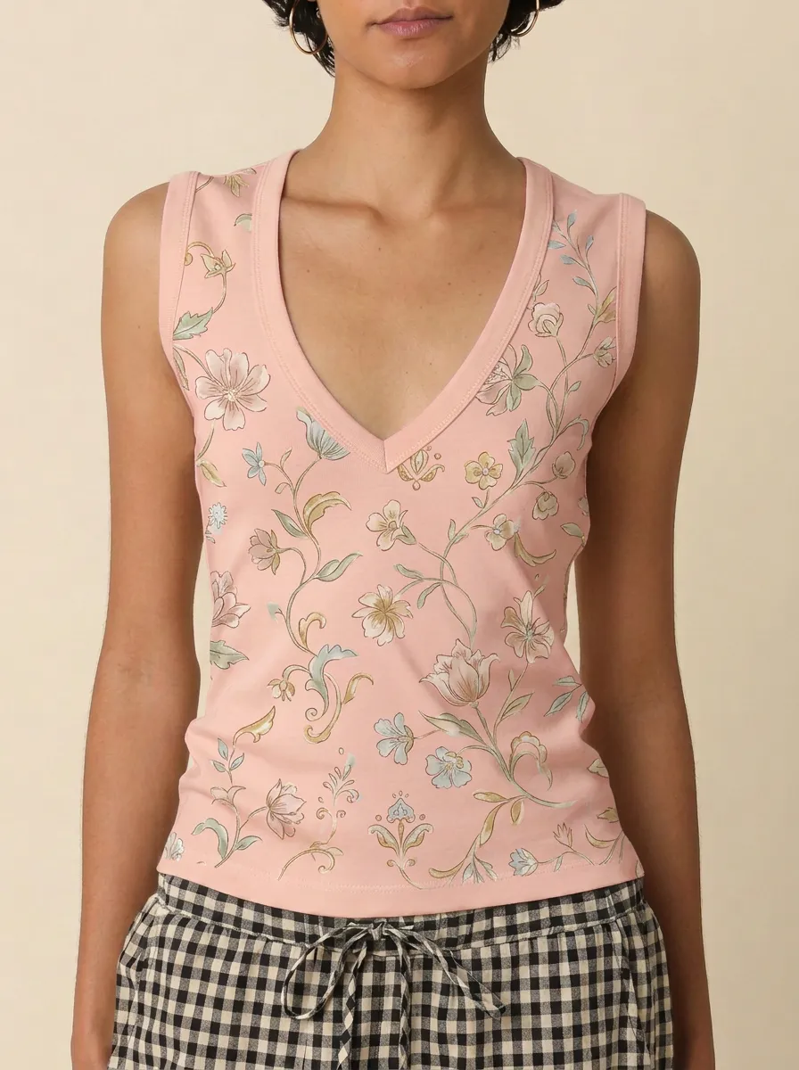 Women's Vintage Floral Botanical Printed V-neck Tank Top