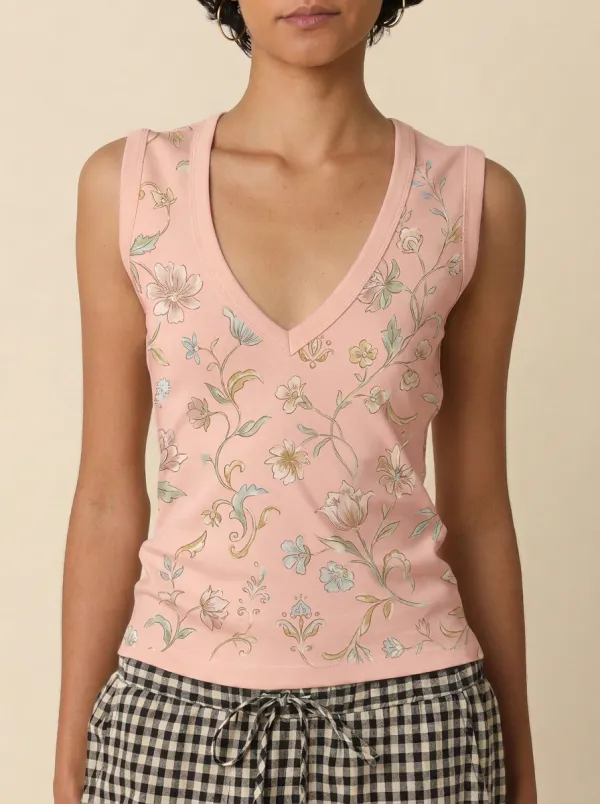 Women's Vintage Floral Botanical Printed V-neck Tank Top