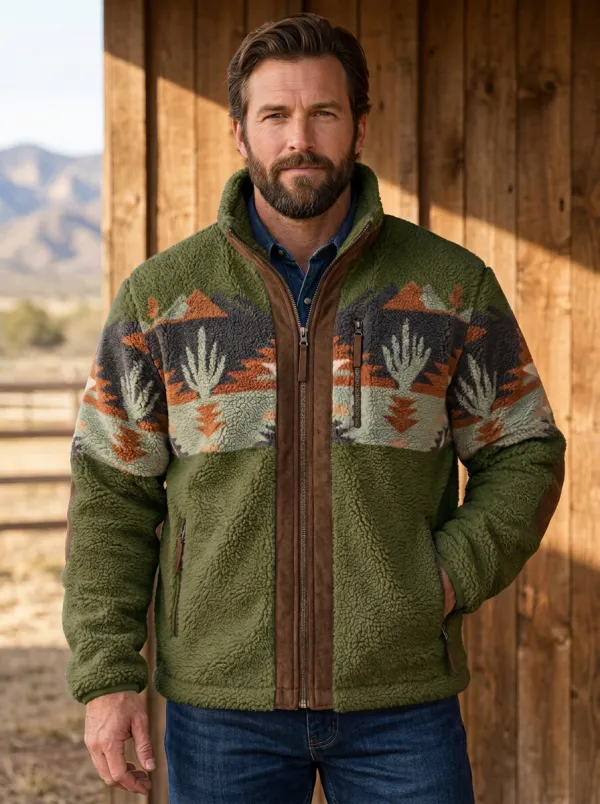 Canyon Trail Cactus Desert Mountain Detail Men's Western Fleece Jacket