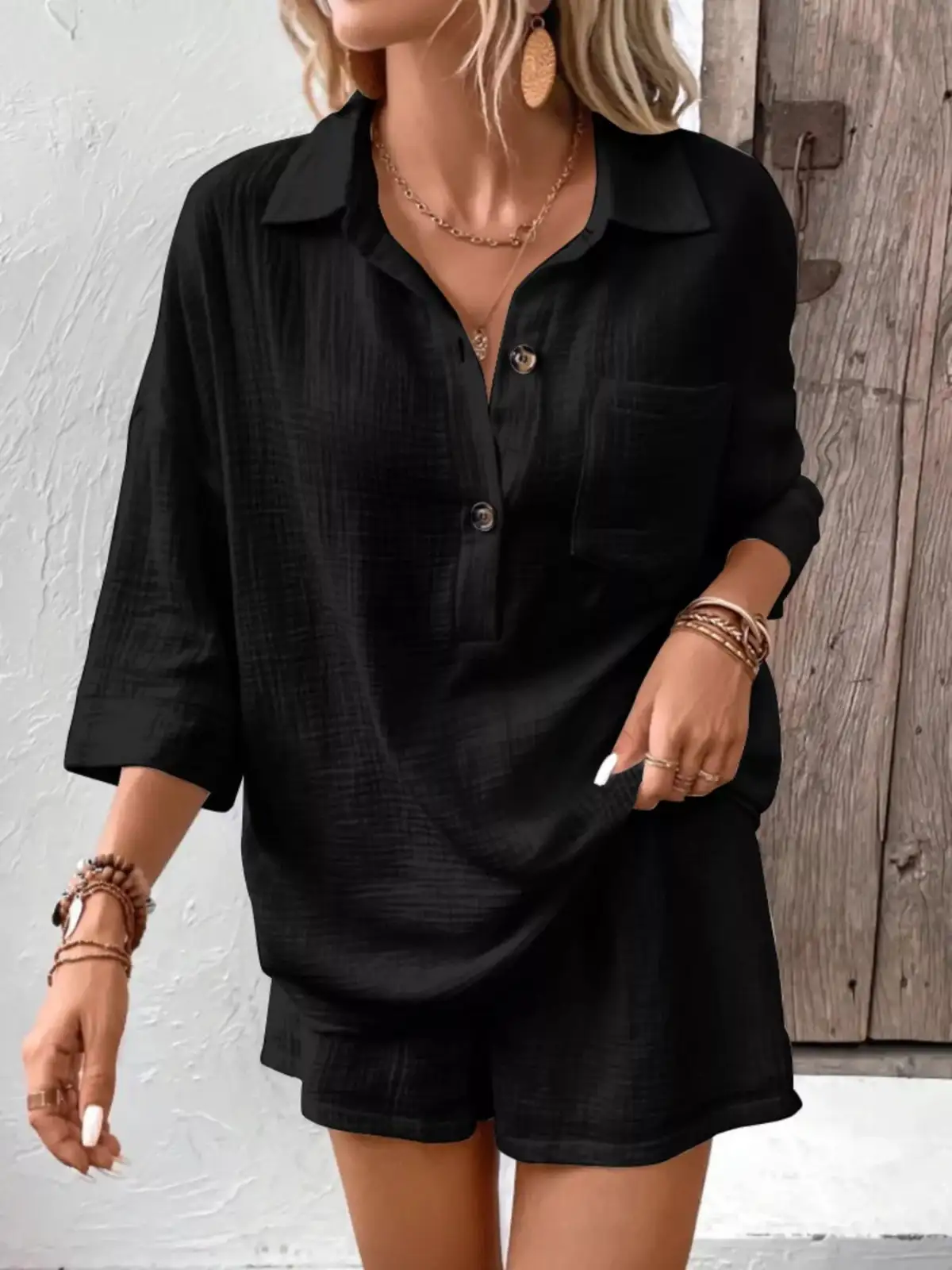 Button-Detail Pocketed Cotton Top and Shorts Matching Set