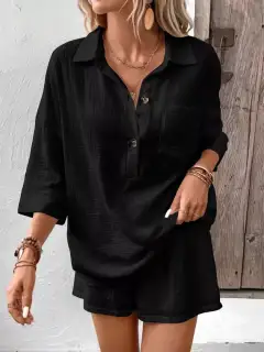 Button-Detail Pocketed Cotton Top and Shorts Matching Set